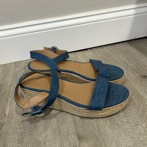 LOFT Blue Tan Espadrilles Wedge Platform Ankle Strap Sandal Women’s Size 9